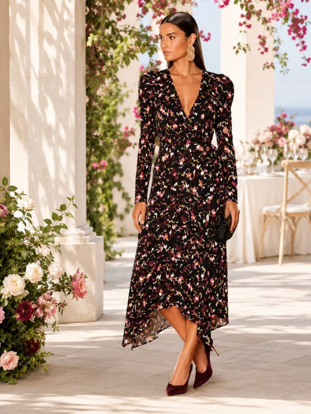 A.L.C. Tianna Multi Floral Long Sleeve V-Neck Wrap Midi Dress Sz. 4